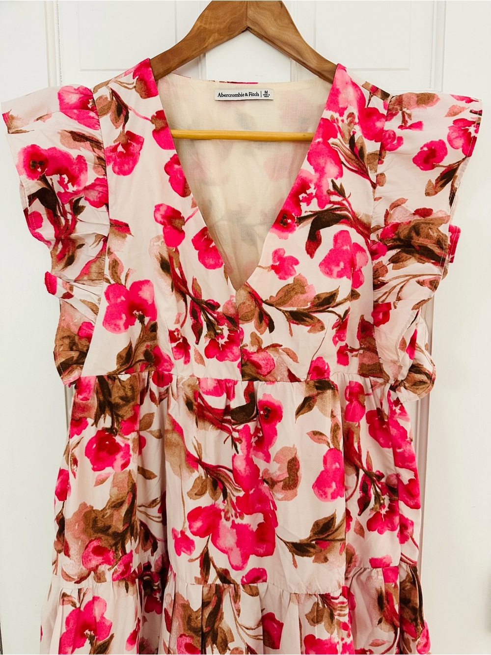 Abercrombie & Fitch Womens V-Neck Pink Short-Sleeve Ruffle Mini Dress Sz M - Picture 3 of 14